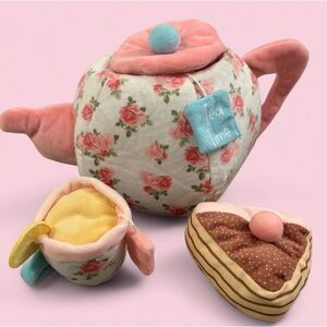 Mud Pie Plush Floral Tea Set Teapot Cup Cake Slice Soft Toy Play Set